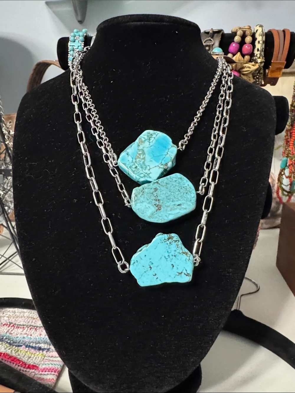 Triple-Layer Turquoise Stone Necklace Set with Matching Studs